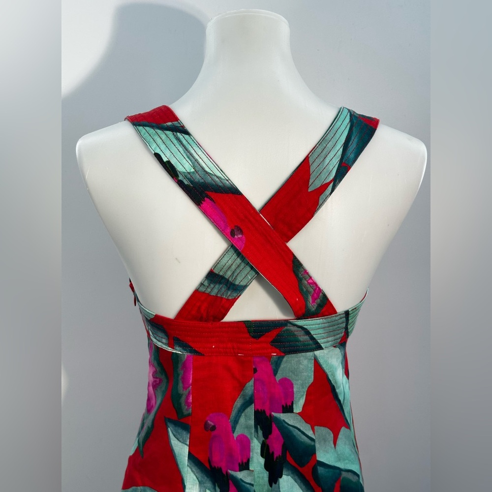 Farm Rio Summer Foliage Linen Mini Dress XS Button Front Tropical Crossback Red - Picture 9 of 12